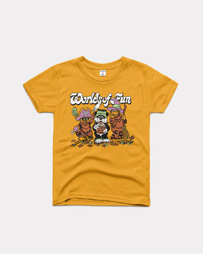 Kids Gold Worlds of Fun Halloween Mascots Vintage Youth T-Shirt