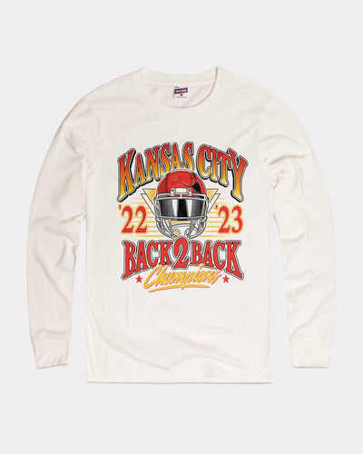 White KC Football Back to Back Champs Vintage Long Sleeve T-Shirt