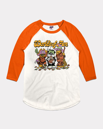 White & Orange Worlds of Fun Halloween Mascots Vintage Raglan T-Shirt