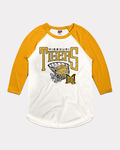 White & Gold Missouri Tigers Basketball Nothing But Net Vintage Raglan T-Shirt