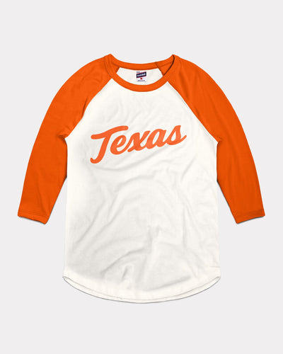 Texas Longhorns Baseball Script White & Orange Vintage Raglan T-Shirt