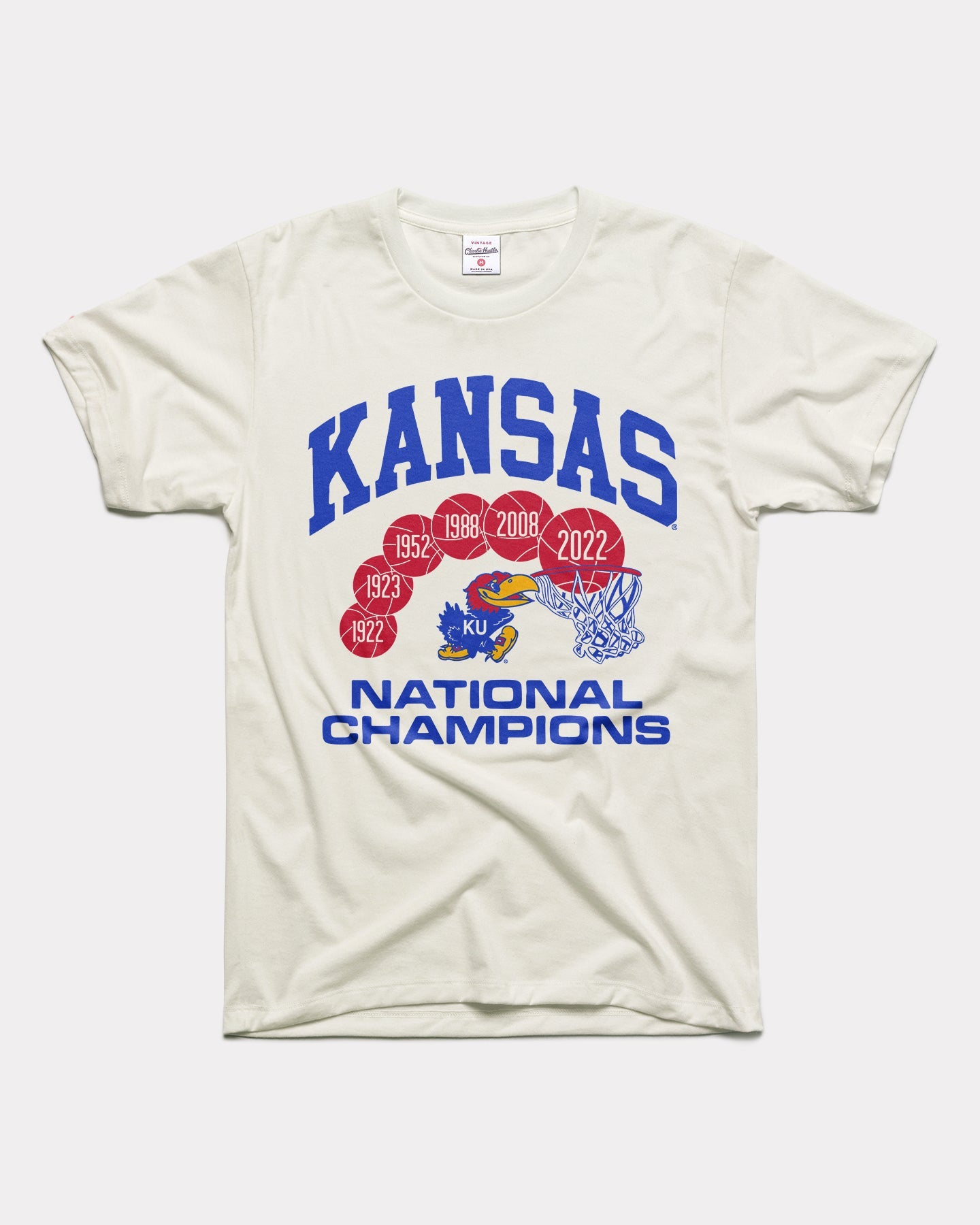 Kansas National Champs White Vintage T-Shirt | CHARLIE HUSTLE