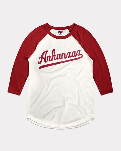 Arkansas Razorbacks Baseball Script White & Cardinal Vintage Raglan