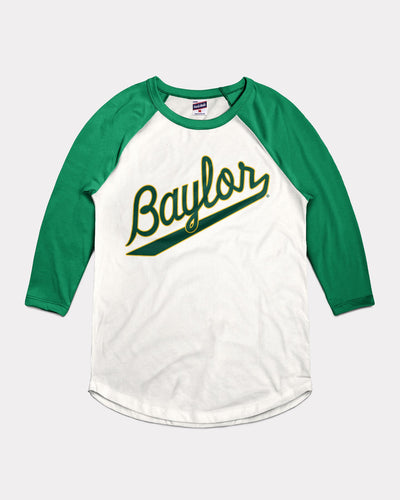 Baylor Bears Baseball Script White & Green Vintage Raglan