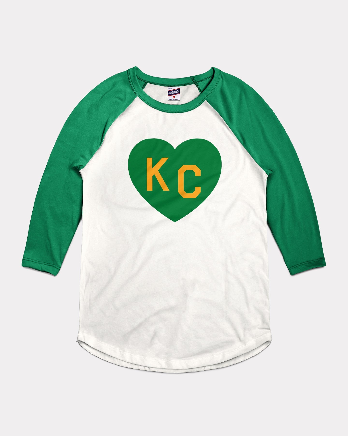 St. Patrick's Day KC Heart Green & White Raglan | Charlie Hustle 3122 / Xs