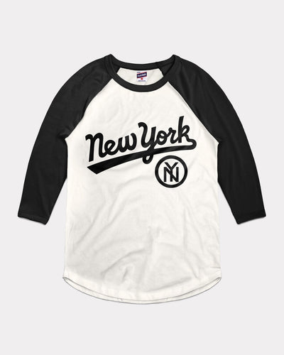 White & Black New York Script Baseball Vintage Raglan T-Shirt