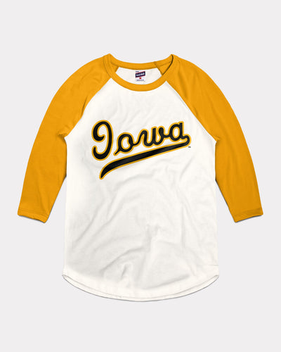 Iowa Hawkeyes Baseball Script White & Gold Vintage Raglan