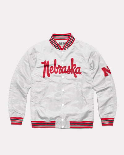 Nebraska Cornhuskers Script Vintage White Varsity Jacket Front