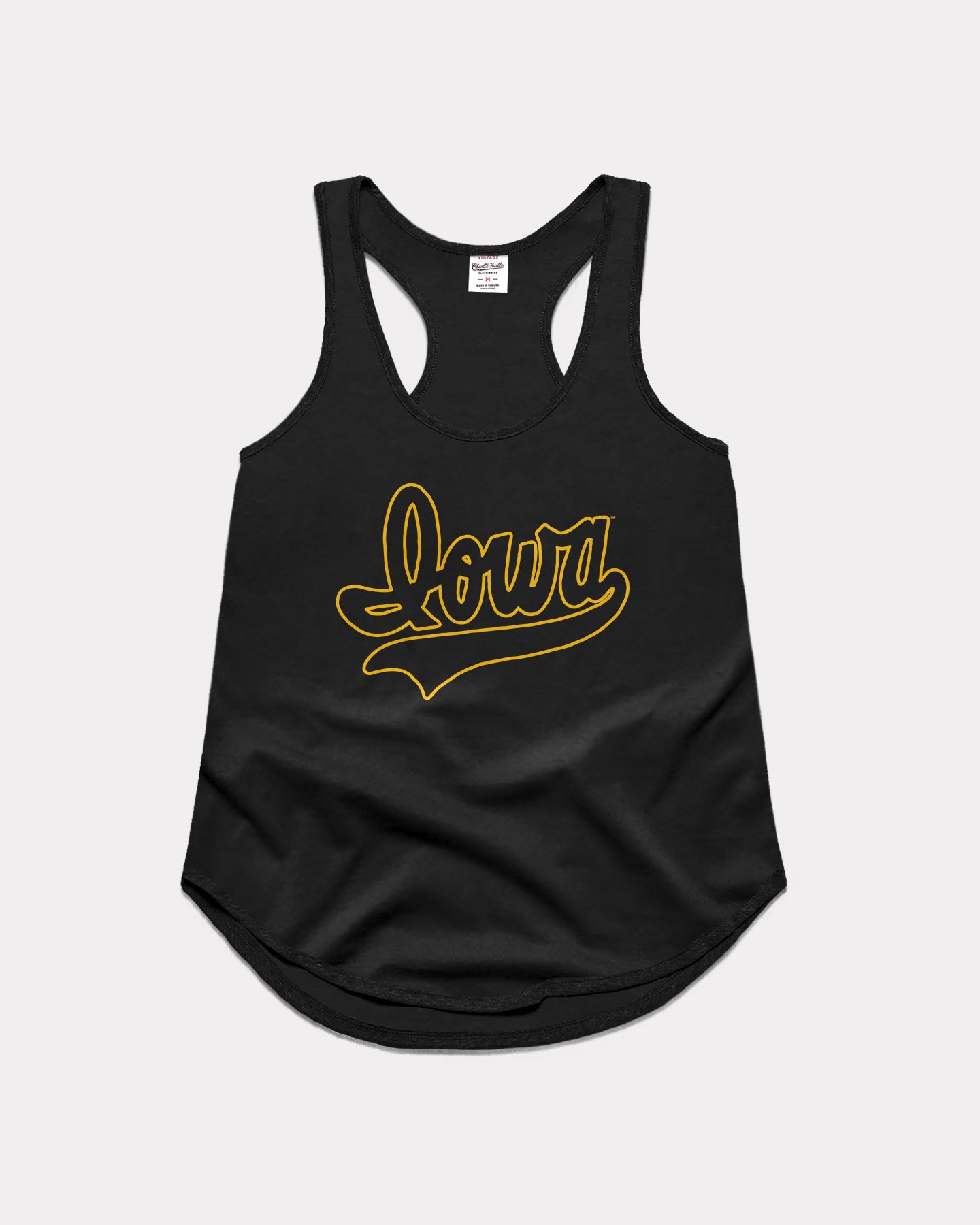 Women's Iowa Script Vintage Black Racerback Tank | CHARLIE HUSTLE