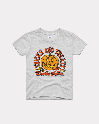 Kids Ash Grey Worlds of Fun Halloween Tricks and Treats Vintage Youth T-Shirt