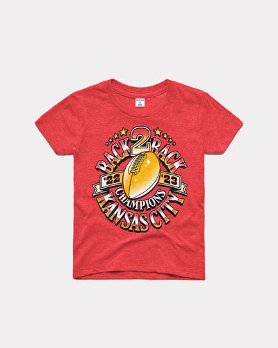 Kids Red KC Football Back to Back Champs Vintage Youth T-Shirt