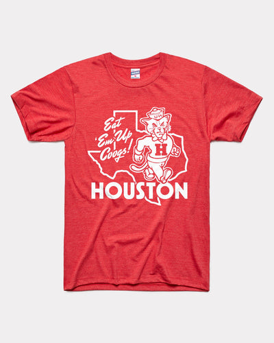 Red Houston Cougars Eat 'Em Up Coogs Texas Outline Vintage T-Shirt