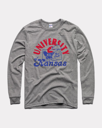 Grey University of Kansas Jayhawks Outline Vintage Long Sleeve T-Shirt