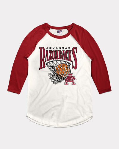 White & Cardinal Arkansas Razorbacks Basketball Nothing But Net Vintage Raglan T-Shirt