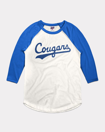 White & Royal BYU Cougars Baseball Script Vintage Raglan T-Shirt