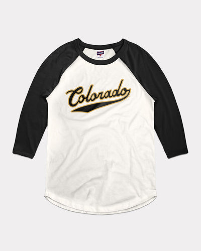 White & Black Colorado Buffaloes Script Vintage Raglan T-Shirt