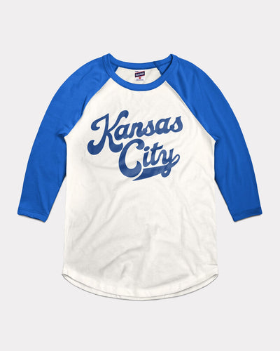 White & Royal Kansas City Script Vintage Raglan T-Shirt