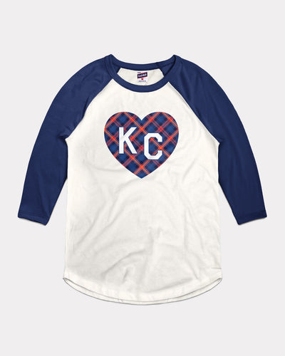 White & Navy Plaid KC Heart Vintage Raglan T-Shirt
