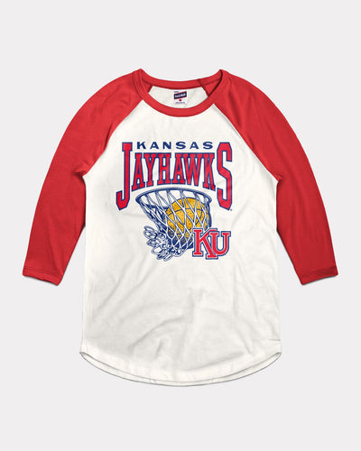 White & Red Kansas Jayhawks Nothing But Net Vintage Raglan T-Shirt