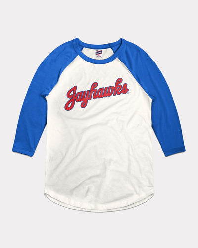 White & Royal Kansas Jayhawks Script Vintage Raglan T-Shirt