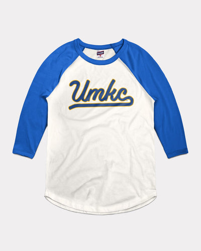 White & Royal Blue UMKC Script Vintage Raglan T-Shirt