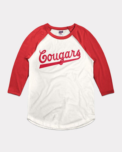 White & Red Houston Cougars Baseball Script Vintage Raglan T-Shirt