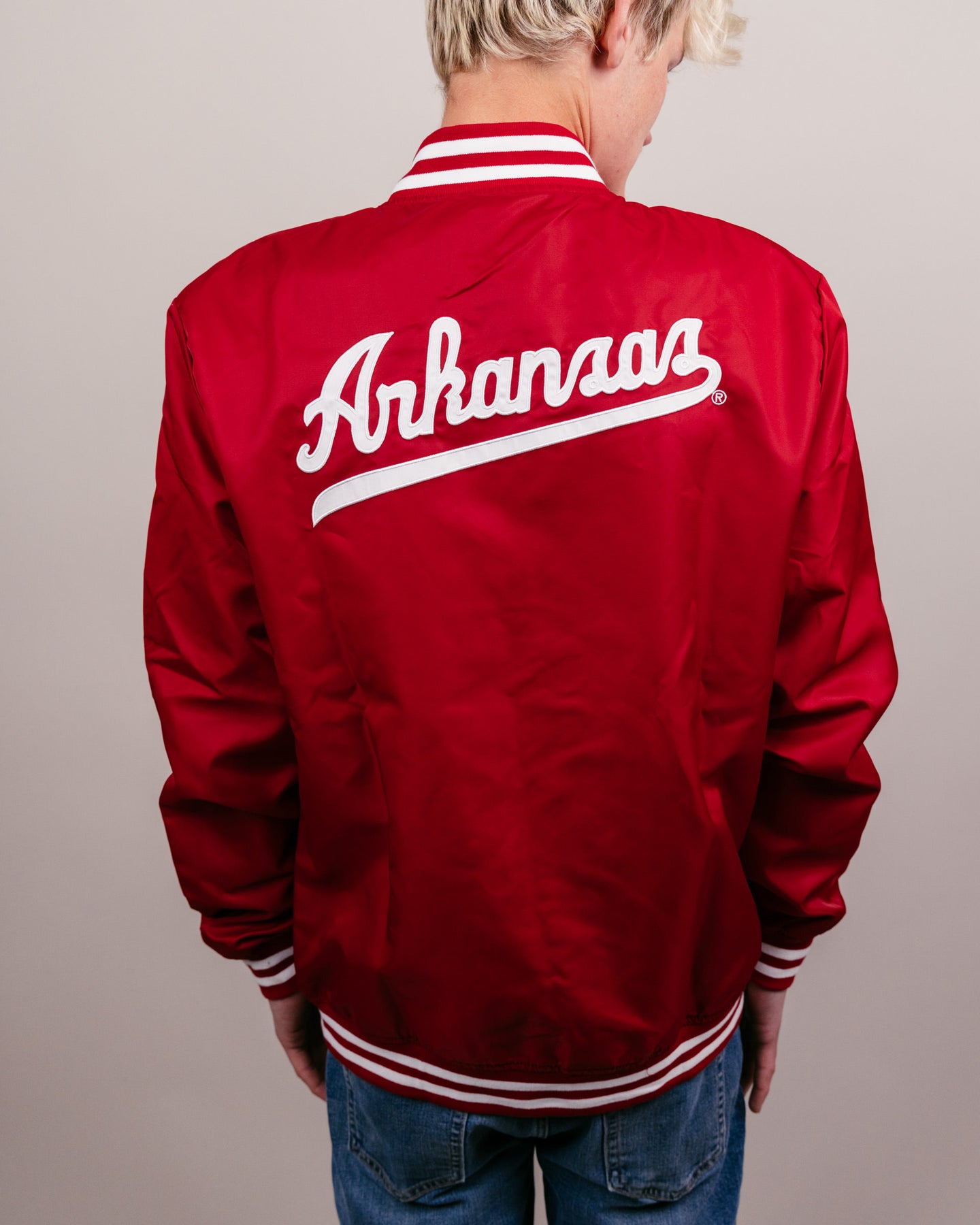 Arkansas Script Monogram Cardinal Letterman Jacket | CHARLIE HUSTLE