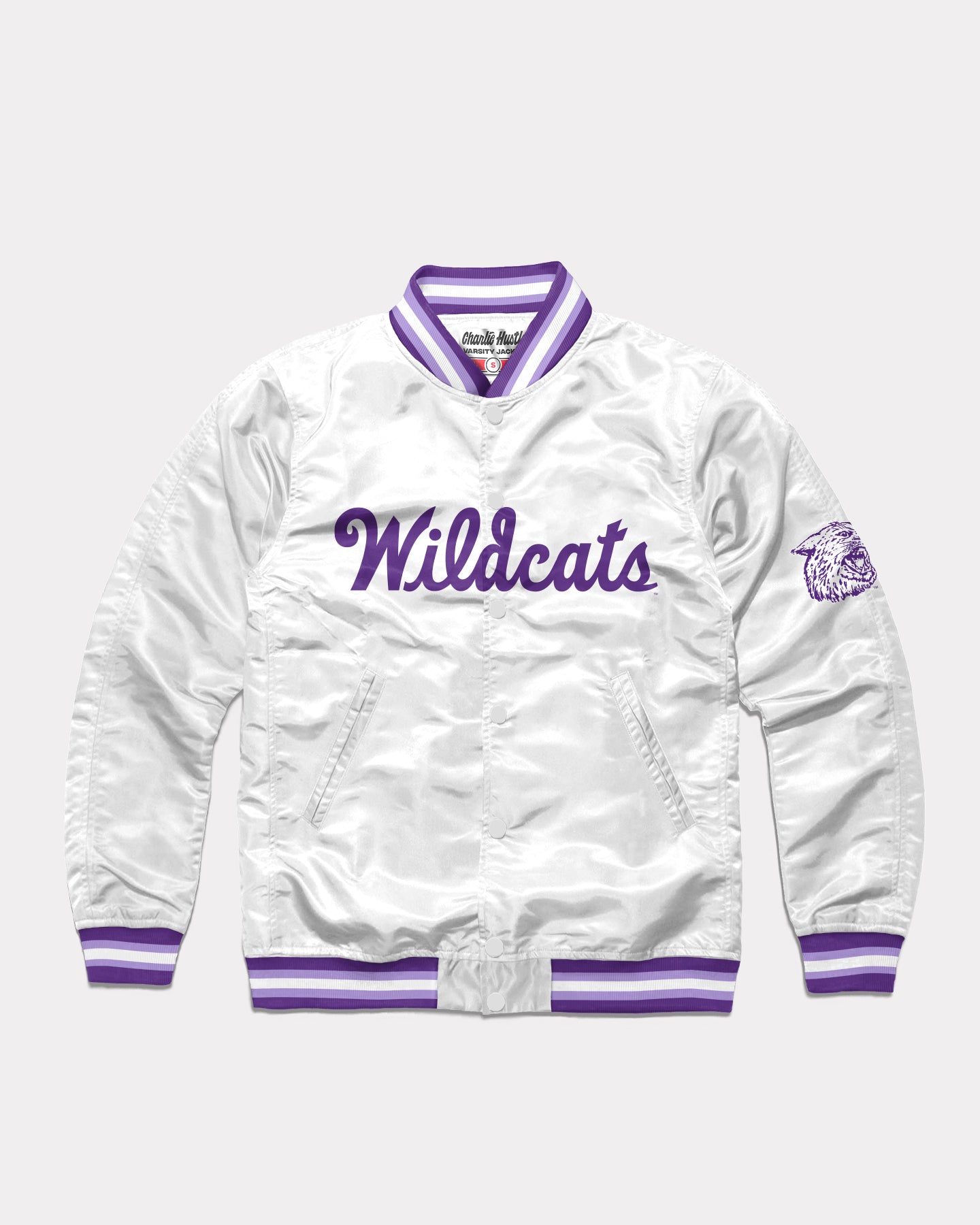 K-State Wildcats Script White Vintage Letterman Jacket | CHARLIE HUSTLE