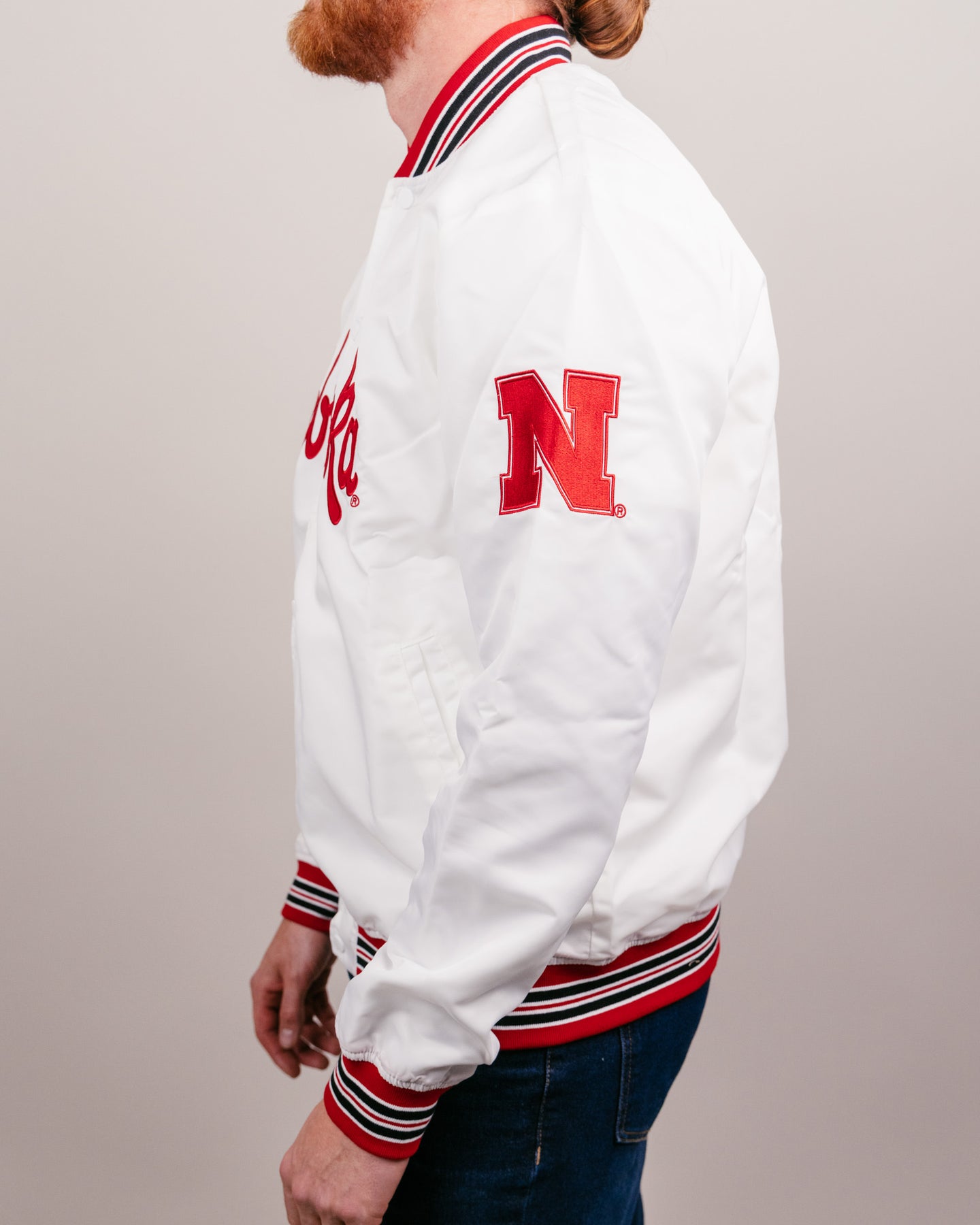 Nebraska Script Vintage White Letterman Jacket | CHARLIE HUSTLE