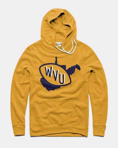 Gold WVU Mountaineers Football State Outline Vintage Hoodie Sweatshirt