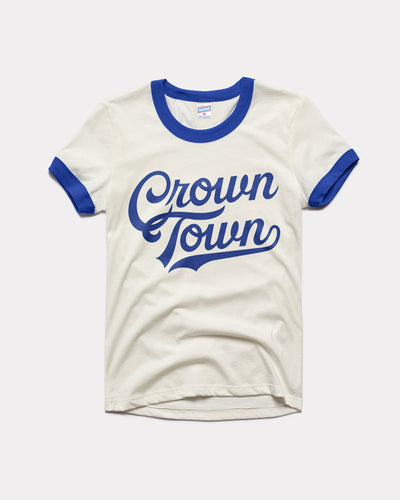 Women's White & Royal Blue Crown Town Script Vintage Ringer T-Shirt