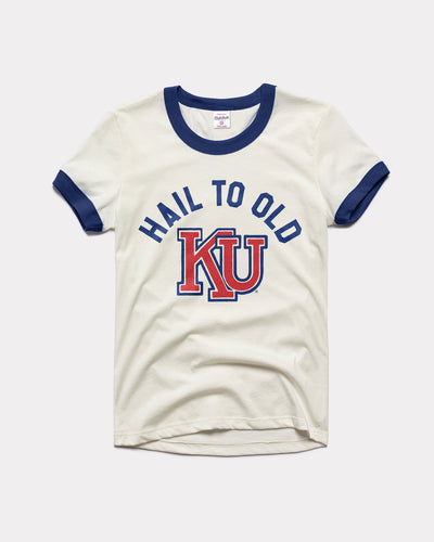Women's White & Navy Hail to Old KU Kansas Jayhawks Vintage Ringer T-Shirt