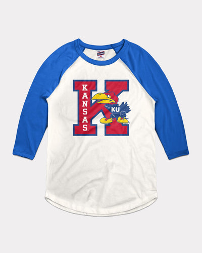 White & Royal Kansas Jayhawks Block K Warhawk Vintage Raglan T-Shirt
