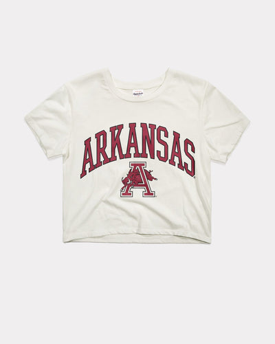 Women's Arkansas Razorbacks Varsity Arch White Vintage Crop Top