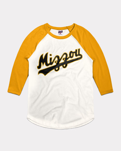 Missouri Tigers Baseball Script White & Gold Vintage Raglan T-Shirt