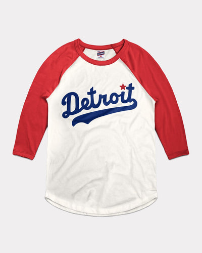 White & Red Detroit Stars Script Baseball Vintage Raglan T-Shirt
