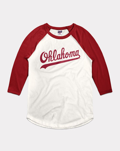 Oklahoma Sooners Baseball Script White & Cardinal Vintage Raglan