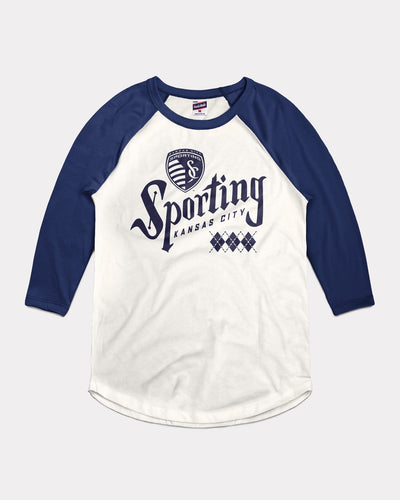 White & Navy Sporting Kansas City Classic Argyle Vintage Raglan T-Shirt