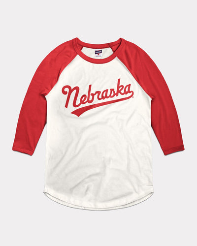 Nebraska Cornhuskers Baseball Script White & Red Vintage Raglan