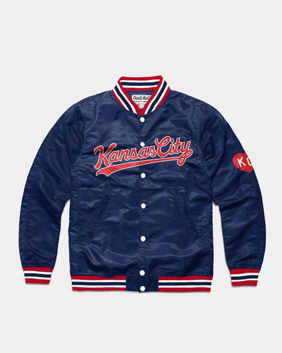 Navy Blue Kansas City Script Vintage Varsity Jacket Front