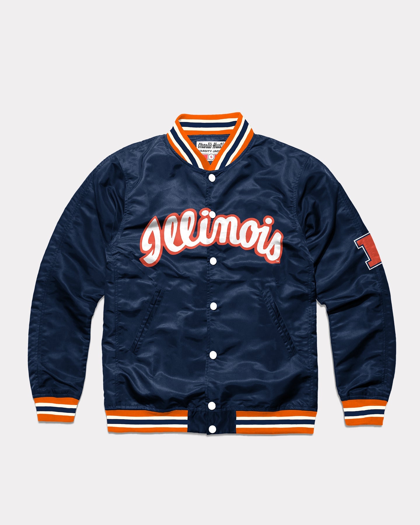 University Illinois Script Navy Blue Letterman Jacket | CHARLIE HUSTLE