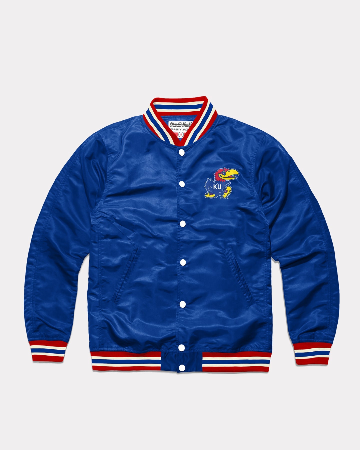 Rock Chalk Jayhawk KU Royal Blue Varsity Jacket | CHARLIE HUSTLE