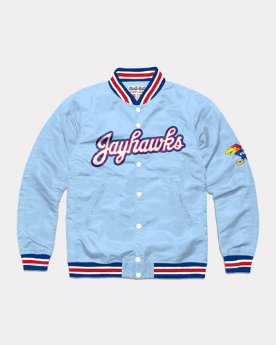Powder Blue Kansas Jayhawks Script Vintage Varsity Jacket Front