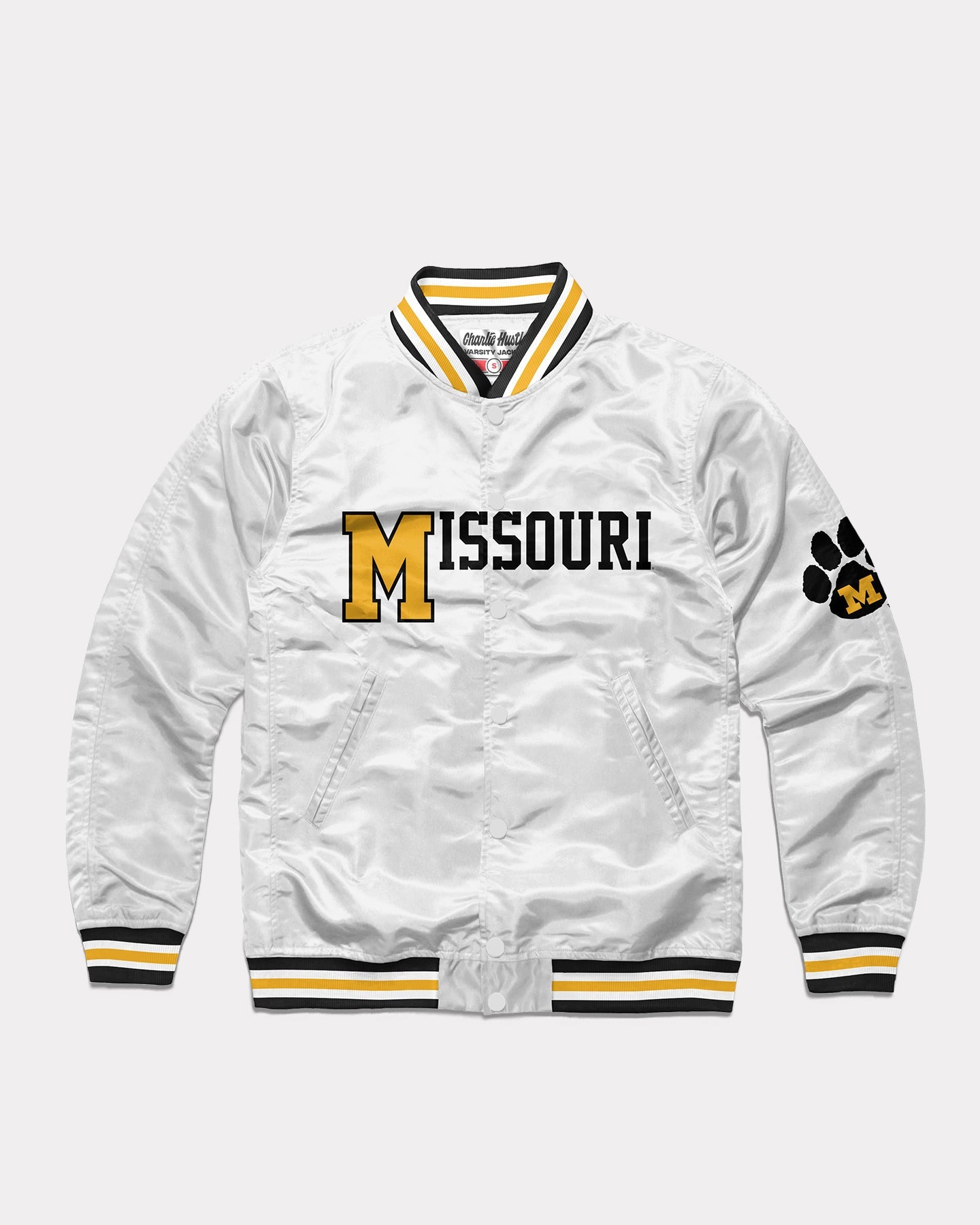 Missouri Tigers Paw Print White Varsity Jacket | CHARLIE HUSTLE