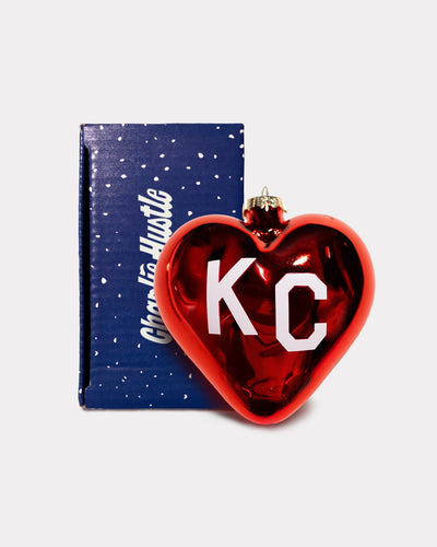 Red & White KC Heart Glass Holiday Ornament with Box